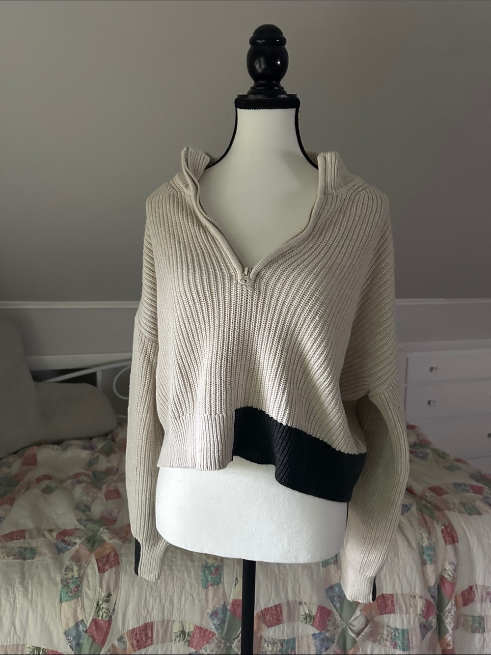 French Connection Beige and Black Cropped Turtleneck Sweater